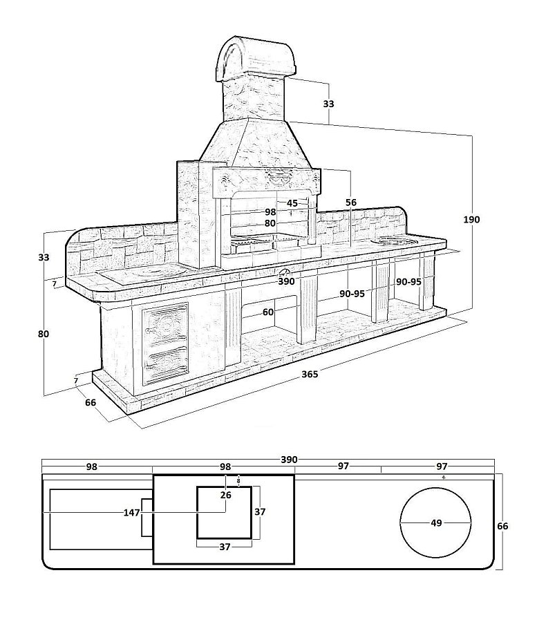 Печь № 22 — Печь барбекю с печью под казан, мойкой и рабочим столом